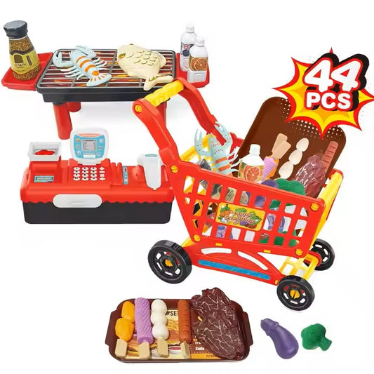 3 in 1 BBQ shopping cart cash register toy 44 Pcs