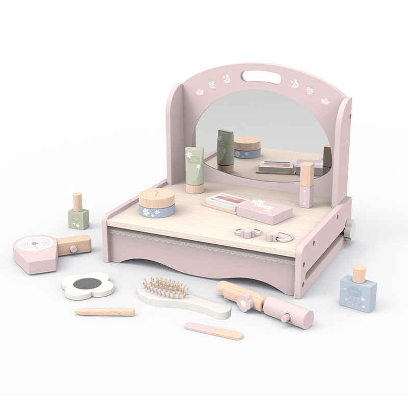 Wooden Glam Haven: Makeup Dressing Table and Simulation Cosmetic Set for Girls