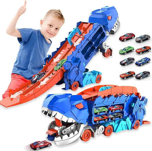 Dinosaur Transport Truck Toy With Foldable Sliding 25-Inch Race Track