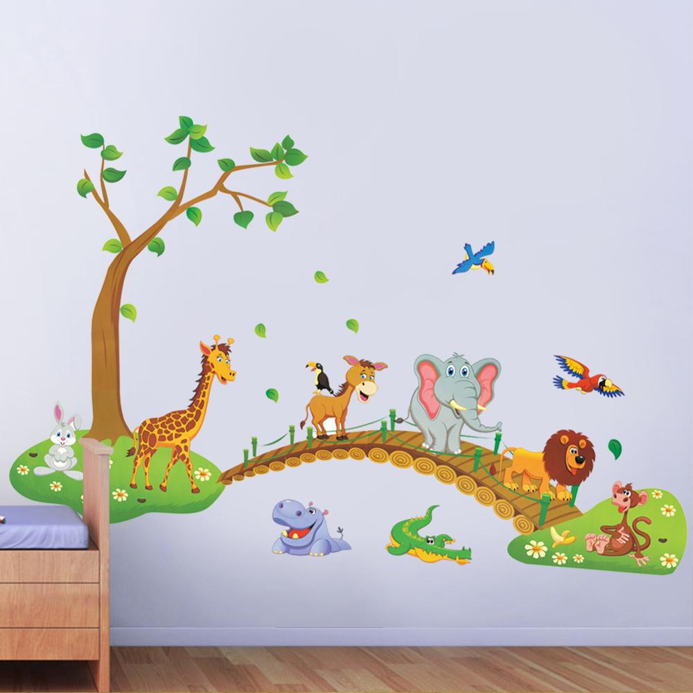3D Cartoon Jungle Animal Tree Bridge Wall Stickers