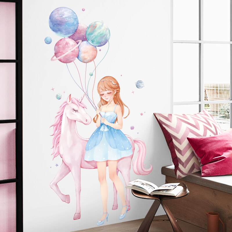 Starry Girl Unicorn Wall Stickers - Removable Vinyl Decals for Kids' Rooms