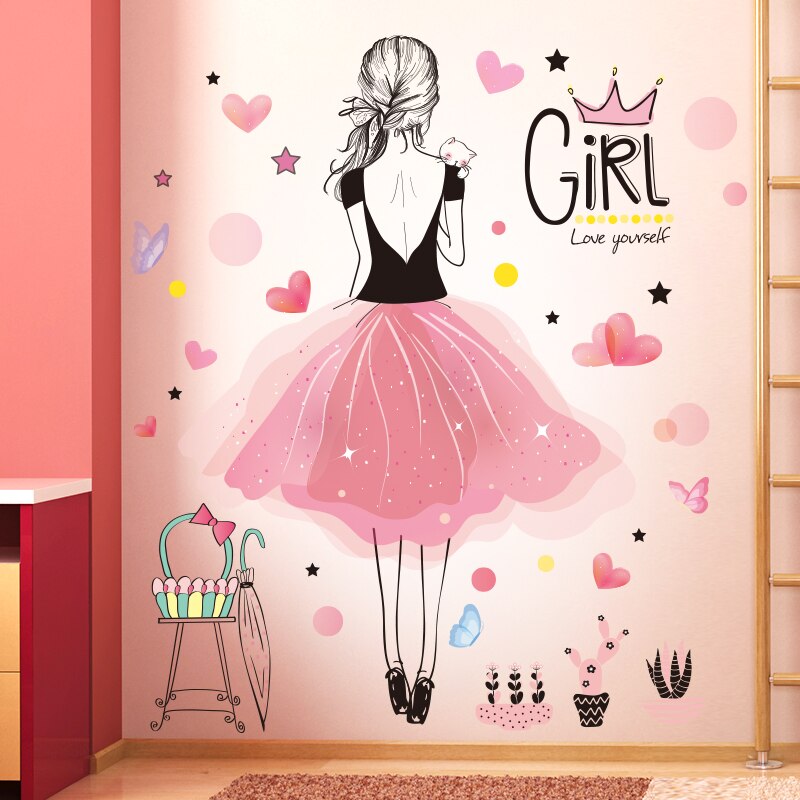 Pink Feathers Wings Wall Stickers - DIY Cartoon Girl Decals for Kids' Rooms
