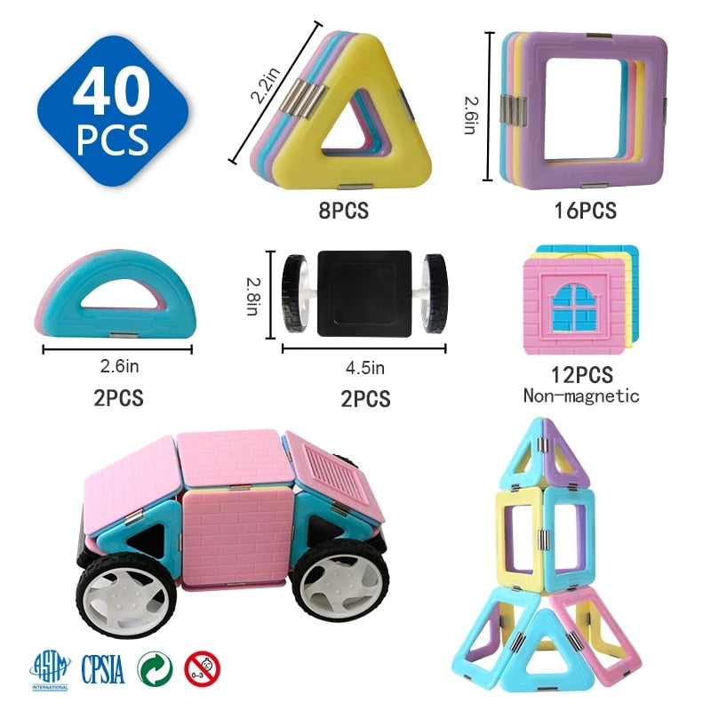 40 pcs Macaron Color Magnetic Tiles Toys - Creative Building Blocks for Kids