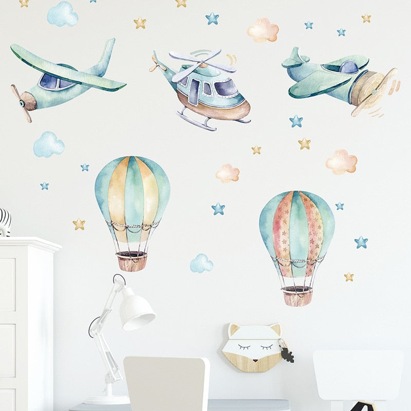Whimsical Cartoon Animal Wall Decals - Panda and Foxes on Hot Air Balloon