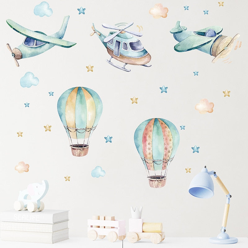 Whimsical Cartoon Animal Wall Decals - Panda and Foxes on Hot Air Balloon