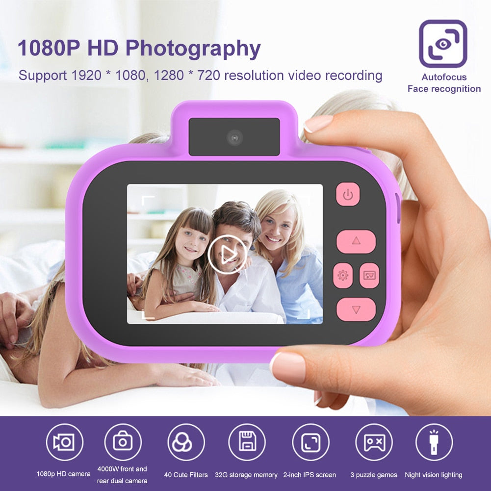 HD Dual-Camera Kids Camera - 2-Inch IPS Screen, USB Charging, Lanyard Included