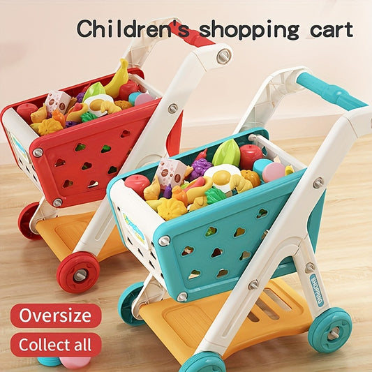 Shop and Play: Kids' Shopping Cart Toy with Fruit Cutting and Kitchen Playset