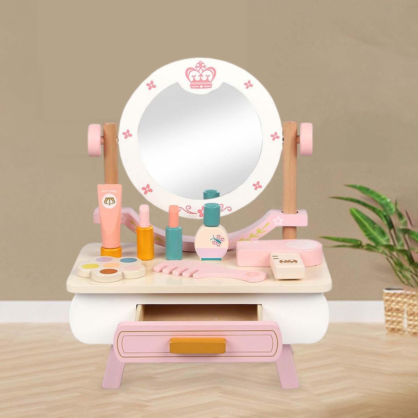 Enchanted Beauty: Wooden Princess Vanity Table with Makeup Accessories