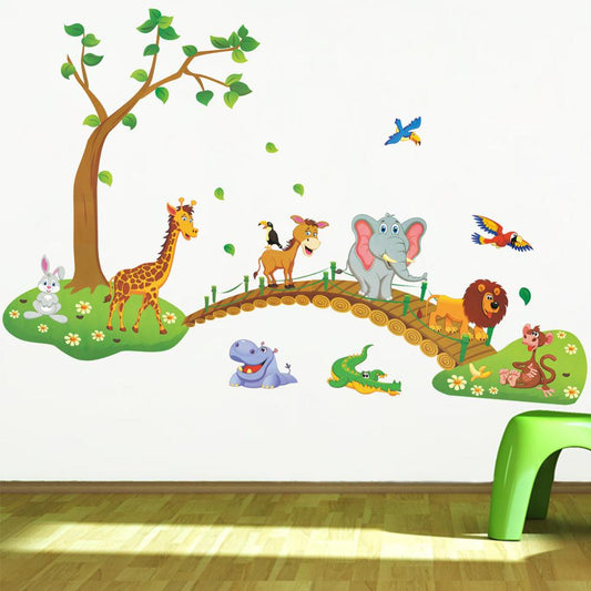 3D Cartoon Jungle Animal Tree Bridge Wall Stickers