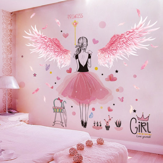 Pink Feathers Wings Wall Stickers - DIY Cartoon Girl Decals for Kids' Rooms